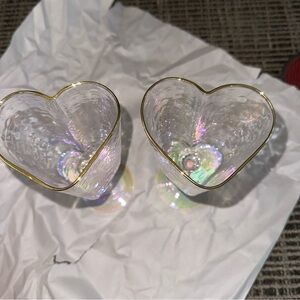 Iridescent Heart Shaped Gold Rimmed Wine Glass Set New